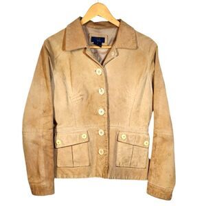 Vintage Leather Jacket Suede Tan BOHO Chunky Slouchy Button Pockets Distressed M